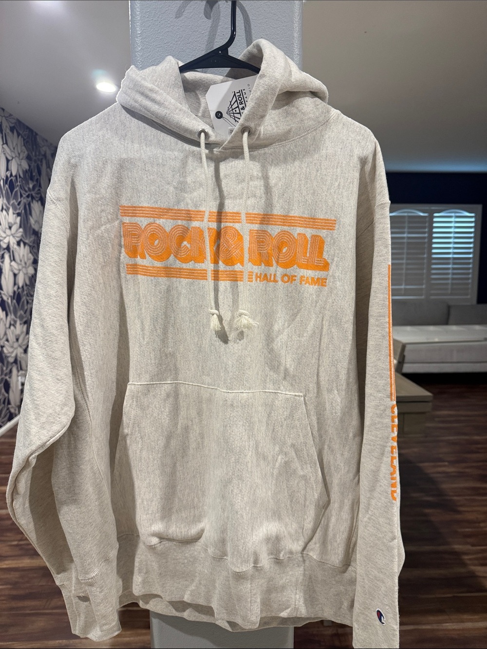 Champion Men’s Cream Hoodie with Orange 'Rock & Roll' Graphic